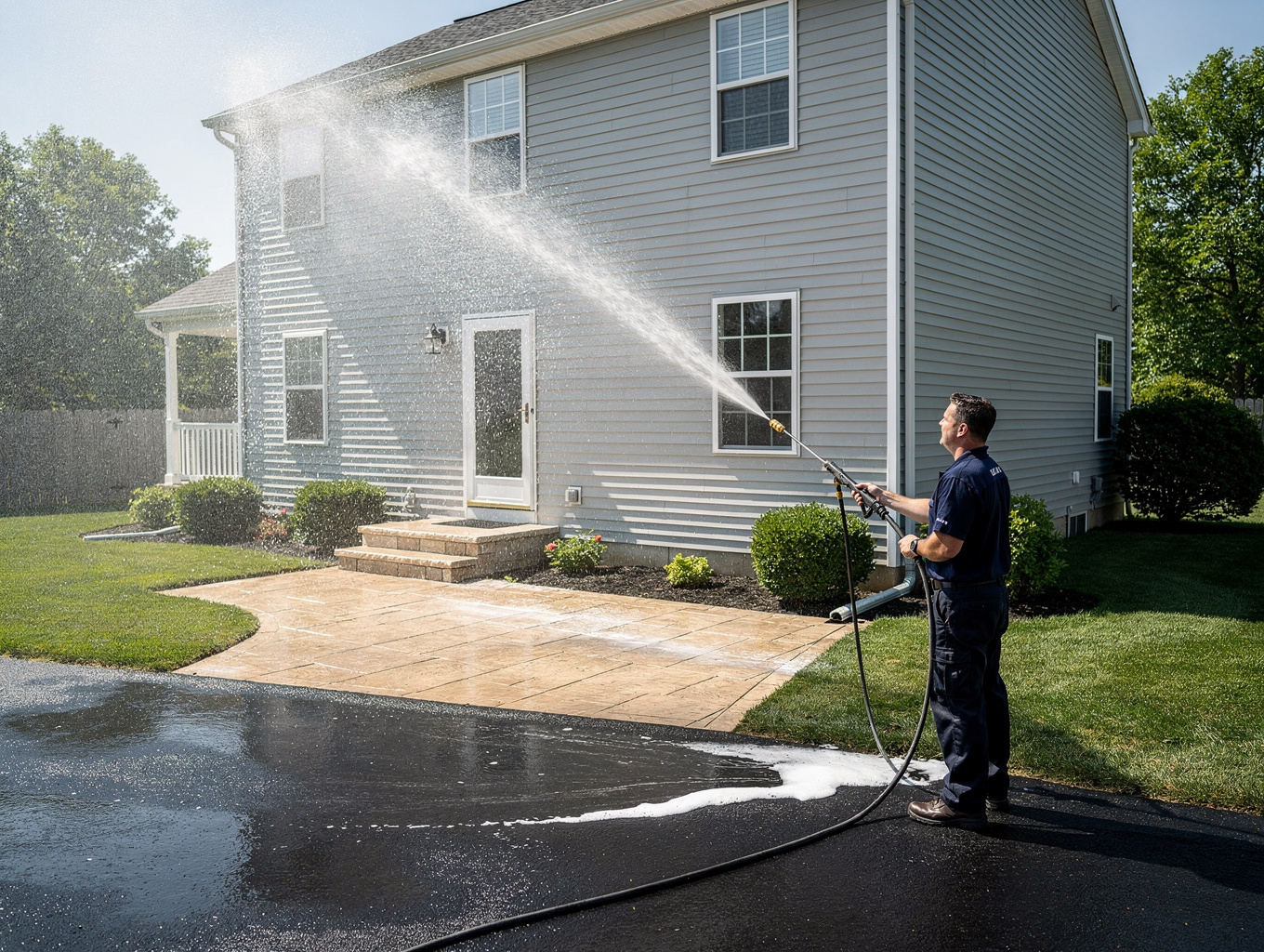 Pressure washing technician restoring concrete surface