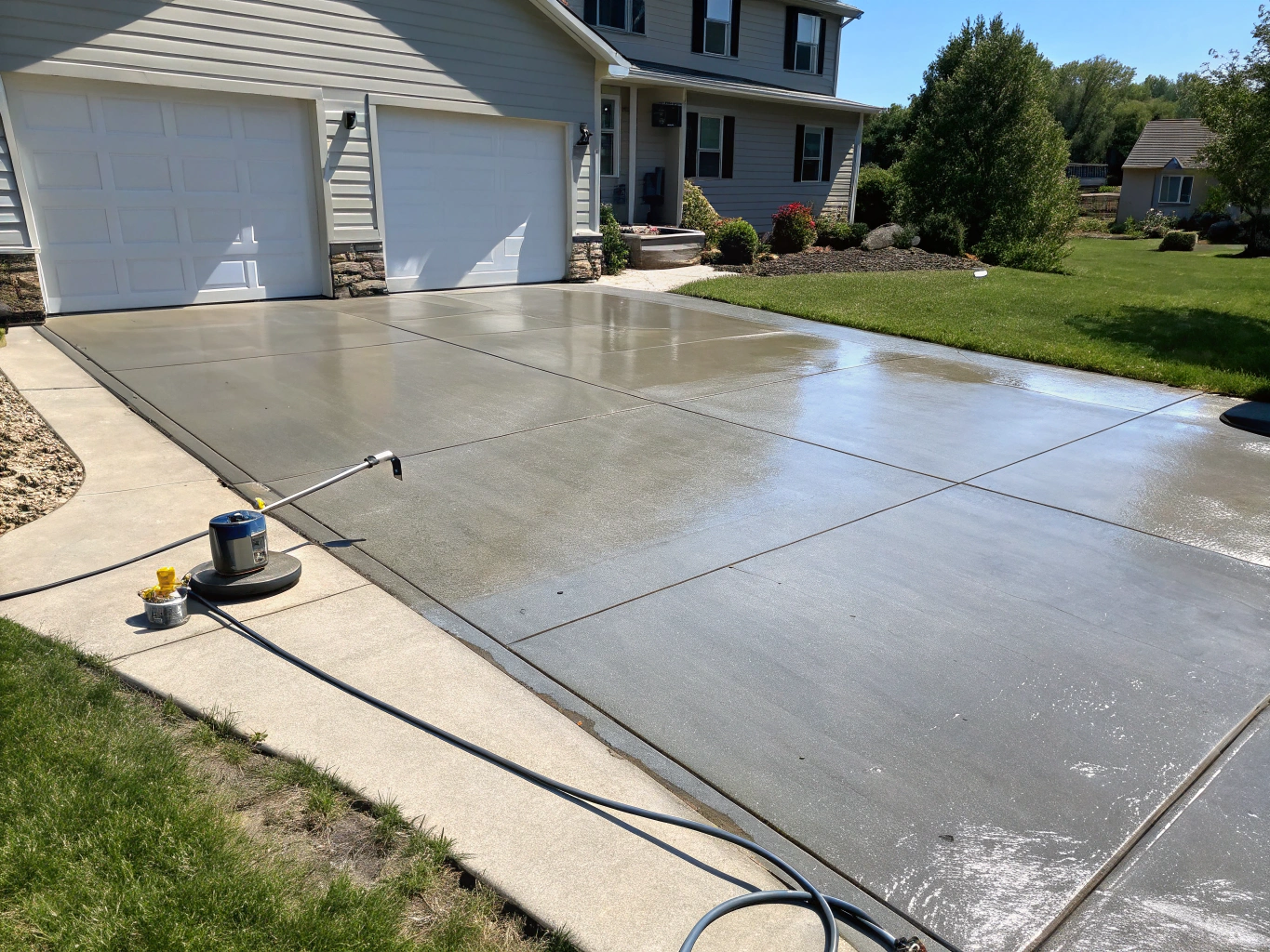Pressure washed clean concrete driveway after surface cleaning