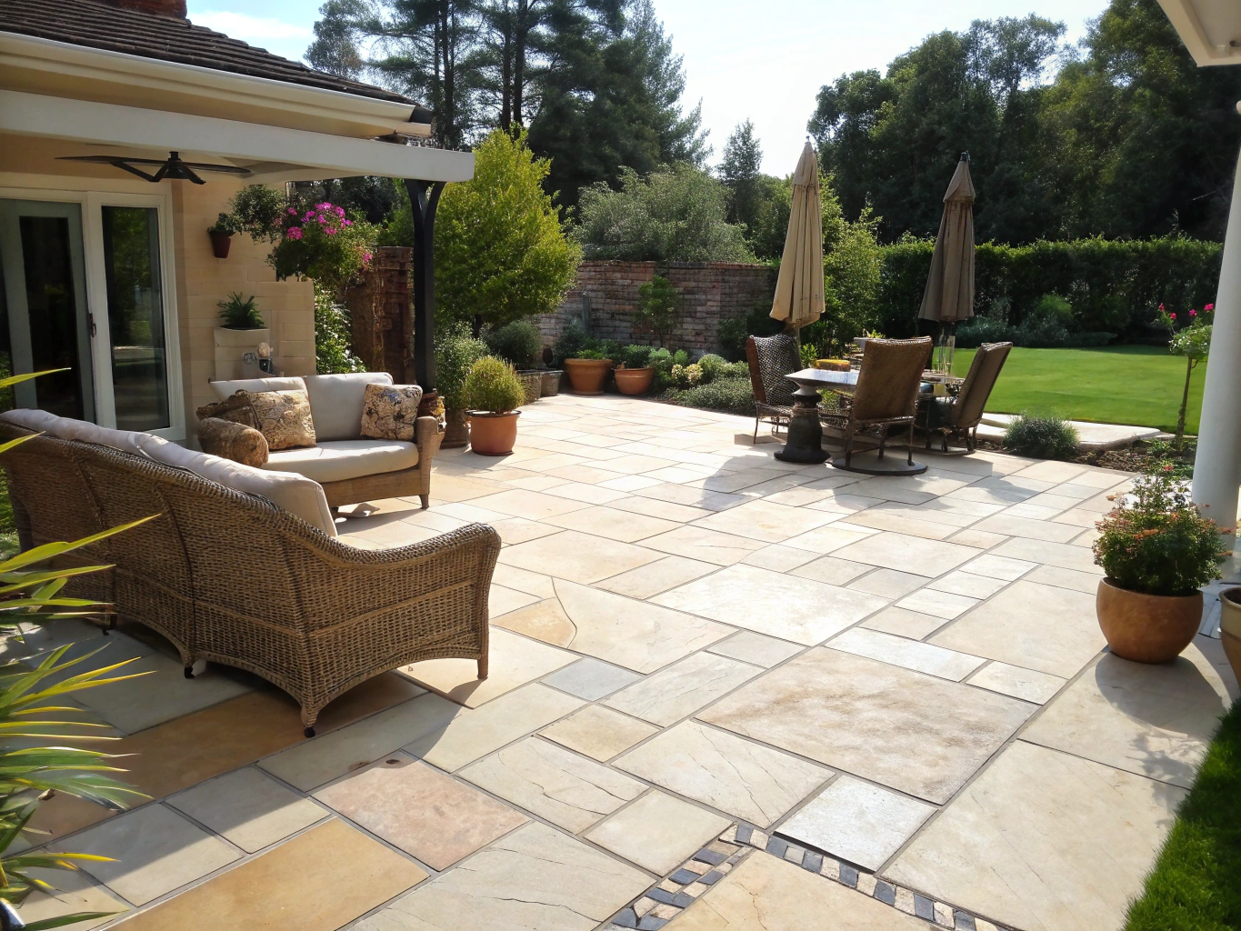 Restored stone backyard patio with outdoor furniture