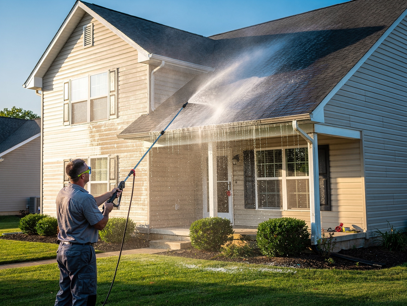 Clean vinyl siding on a two-story home after soft washing